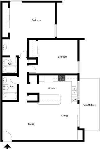 A floor plan of a house with a living room, two bedrooms, a kitchen, a bathroom, and a dining area.