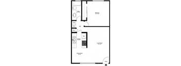 A floor plan of a small apartment with a living room, dining room, kitchen, and bathroom.