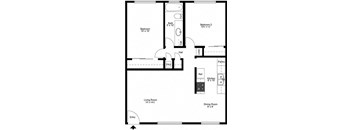 A floor plan of a house with a living room, dining room, kitchen, two bedrooms, a bathroom, a laundry area, and a garage.