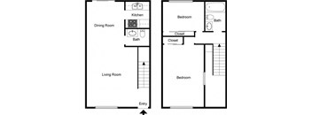 A floor plan of a house with a living room, dining room, kitchen, and two bedrooms.
