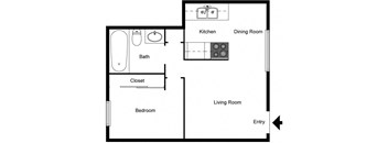 A floor plan of a living space showing a bedroom, bathroom, kitchen, and dining room.