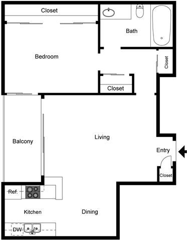 A floor plan of a house with a bedroom, bath, living room, dining room, kitchen, and balcony.
