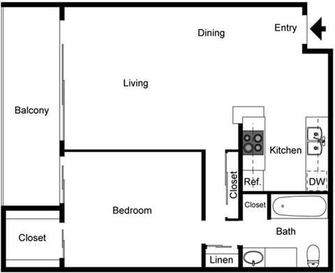 A floor plan of a small apartment with a bedroom, living room, kitchen, and bathroom.