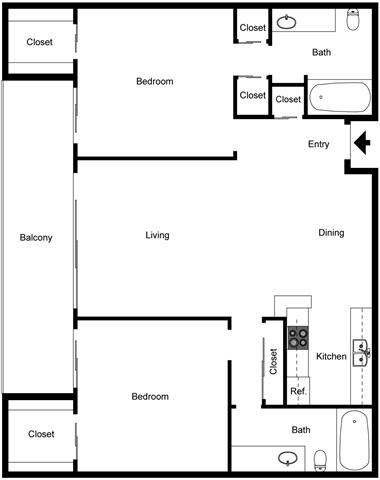 A floor plan of a house with a living room, dining room, kitchen, and two bedrooms.