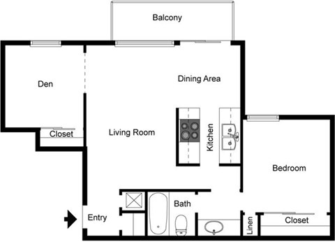 A floor plan of a home showing a living room, dining area, kitchen, bedroom, and bathroom.