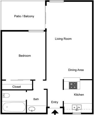 A floor plan of a house with a patio, living room, bedroom, closet, bath, dining area, and kitchen.