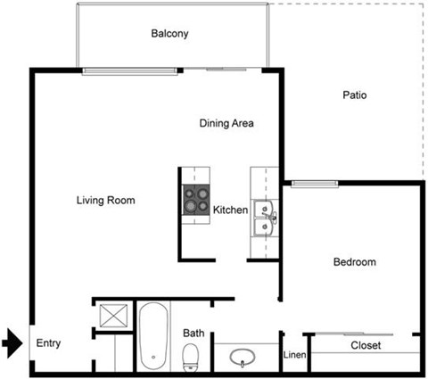 A floor plan of a home showing a living room, dining area, kitchen, bedroom, and bathroom.