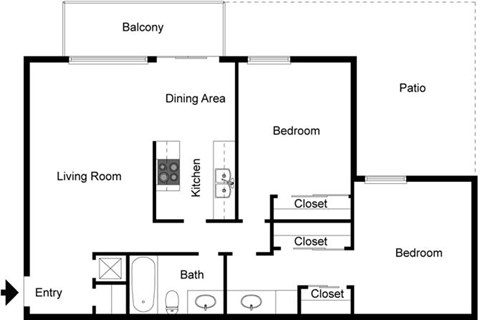 A floor plan of a house with a living room, dining area, kitchen, two bedrooms and a patio.