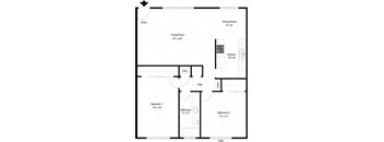 A floor plan of a house with a living room, dining room, kitchen, two bedrooms, a bathroom, and a hall.