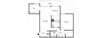 A floor plan of a house with a den, dining room, living room, kitchen, bedroom, bathroom, and vanity.