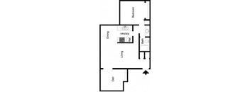A floor plan of a small apartment with a living room, dining room, bedroom, bathroom, and den.