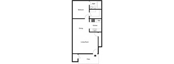 A floor plan of a house with a living room, dining room, kitchen, and bathroom.
