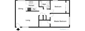 A floor plan of a living space showing a kitchen, dining area, living room, and two bedrooms.