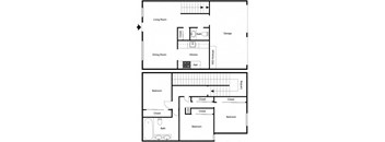 A floor plan of a house with a living room, dining room, kitchen, two bedrooms, and a garage.