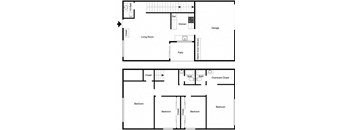 A floor plan of a house with a living room, kitchen, bathrooms, and bedrooms.