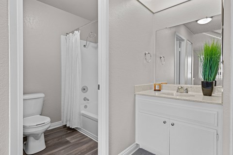 A white bathroom with a toilet, sink, and shower.