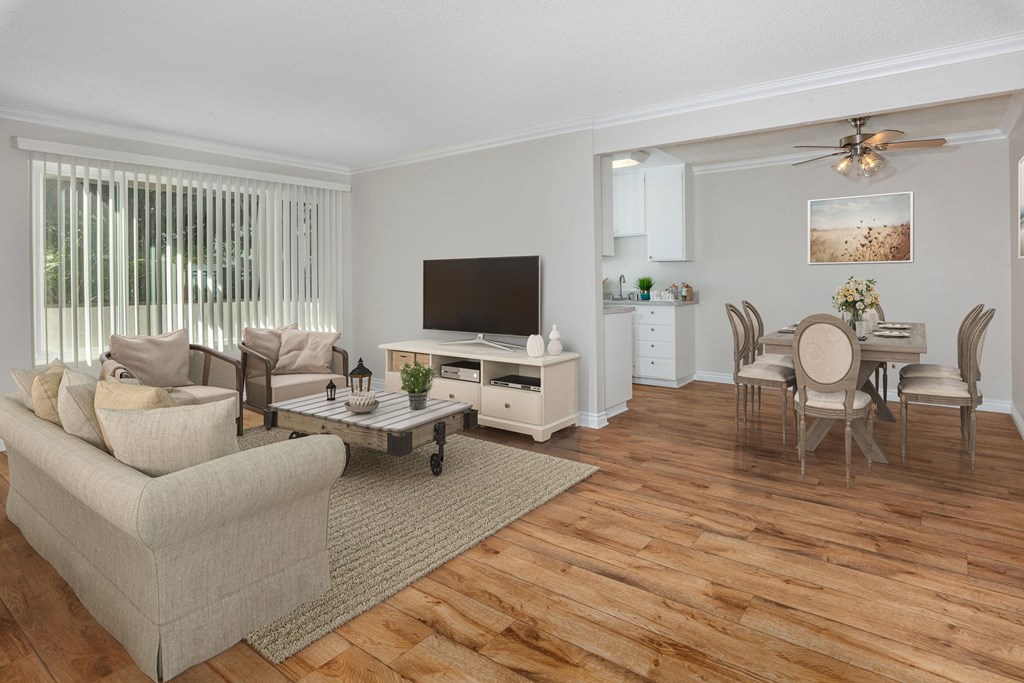 A living room with a couch, a coffee table, and a television.