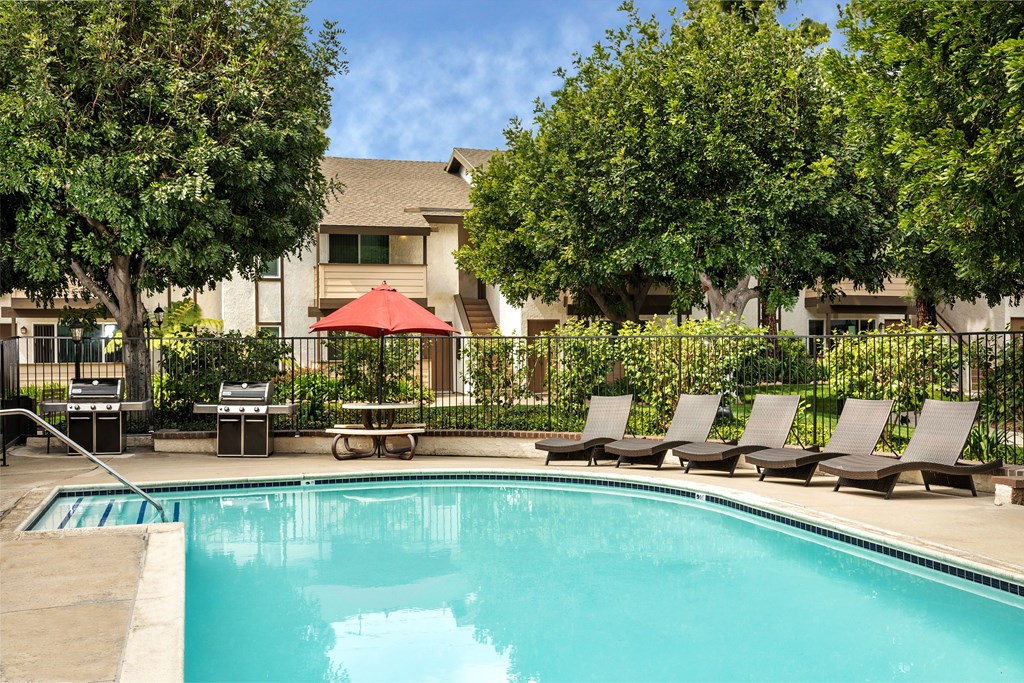 A pool surrounded by trees and chairs.