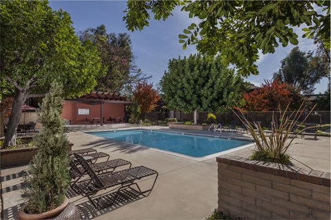 A pool surrounded by trees and chairs.