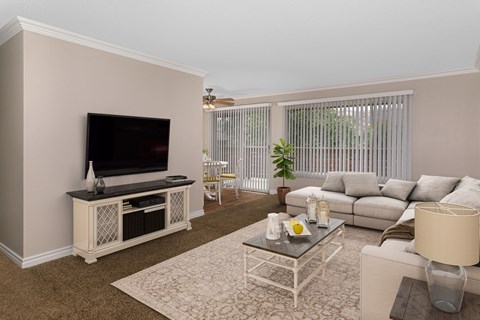A living room with a television, a sofa, and a coffee table.