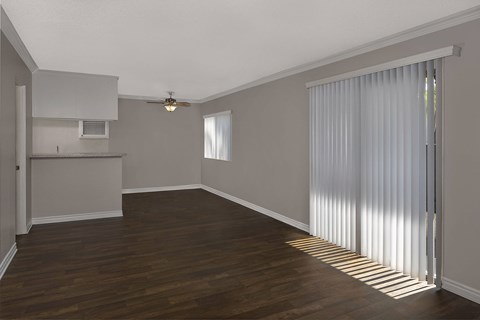 A living room with sliding glass doors covered by tall blinds.
