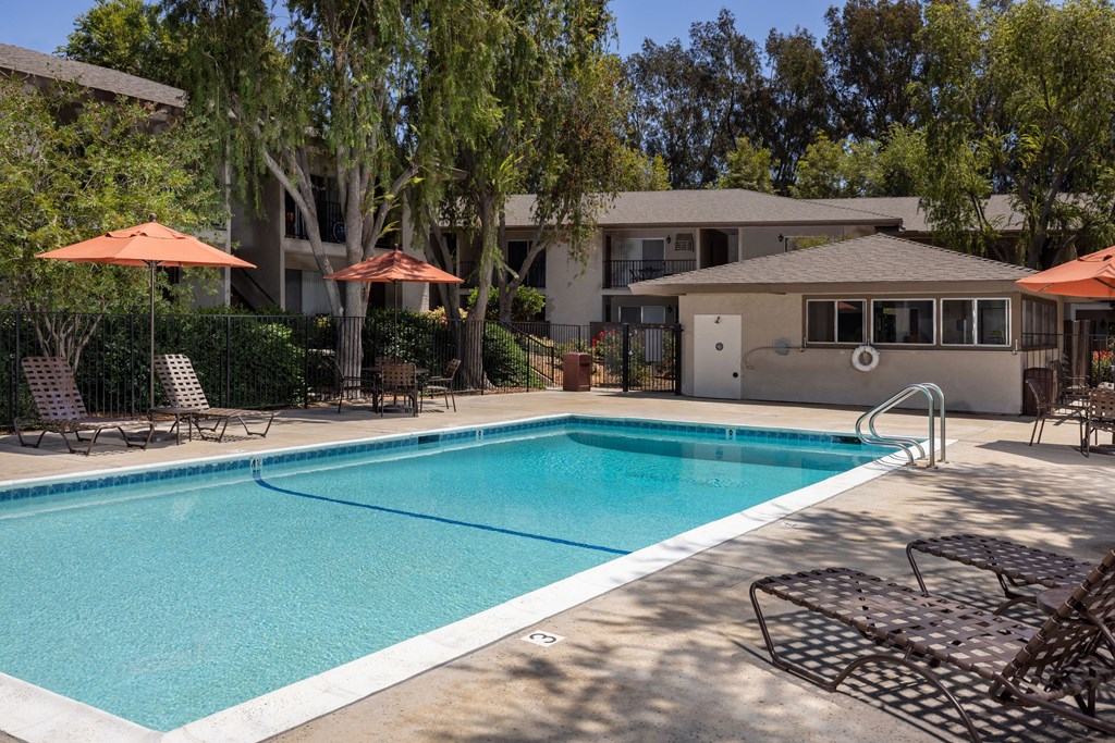 A swimming pool surrounded by chairs and umbrellas.
