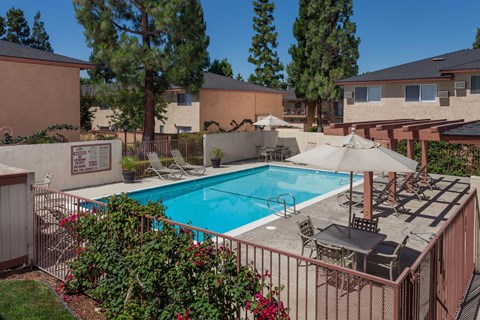 A pool surrounded by a fence and patio furniture.