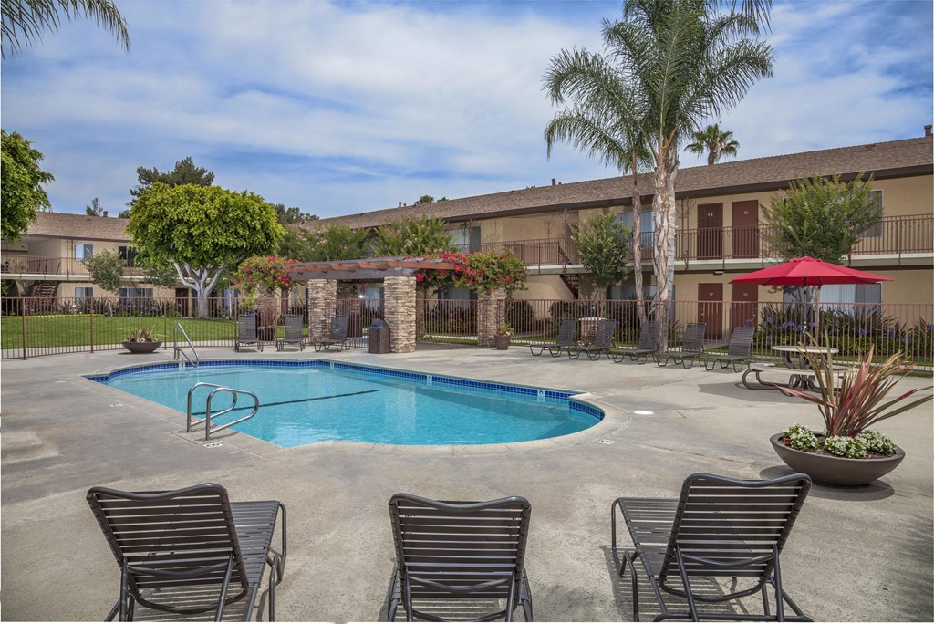 A pool surrounded by chairs and plants with a building in the background.