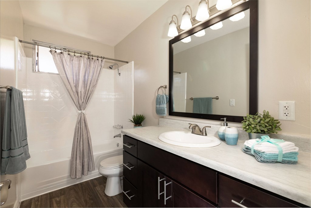 A bathroom with a dark brown cabinets and a wide mirror.