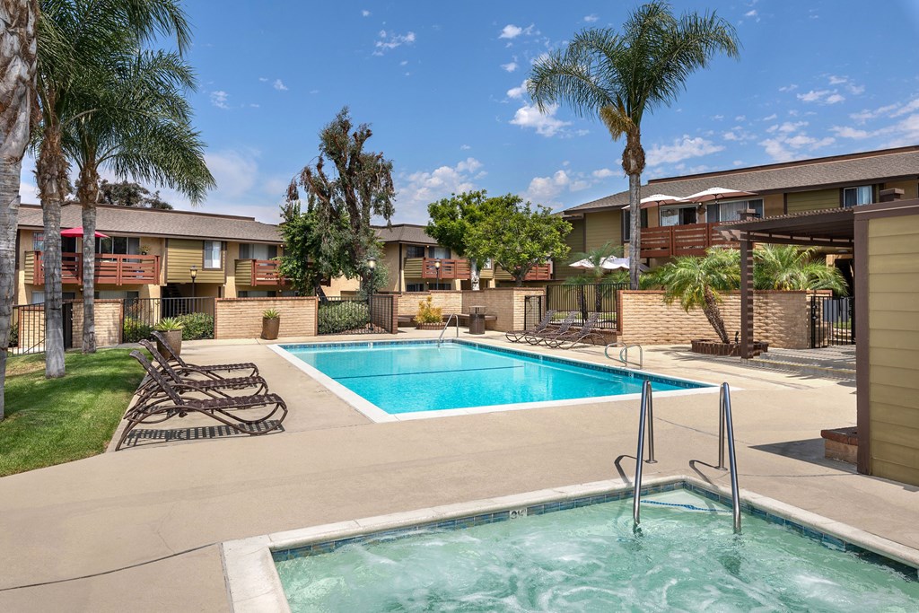 A swimming pool in a residential area with palm trees.