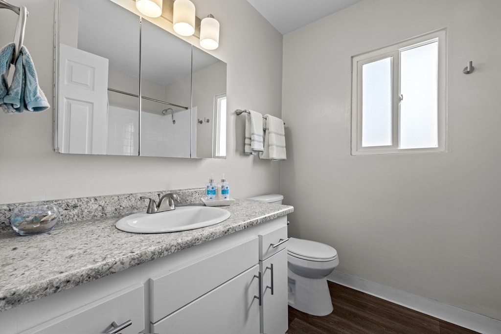 A bathroom with a sink, mirror, toilet, and a window.