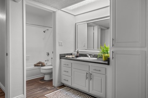 A split bathroom with a large mirror and white cabinets with black countertop.