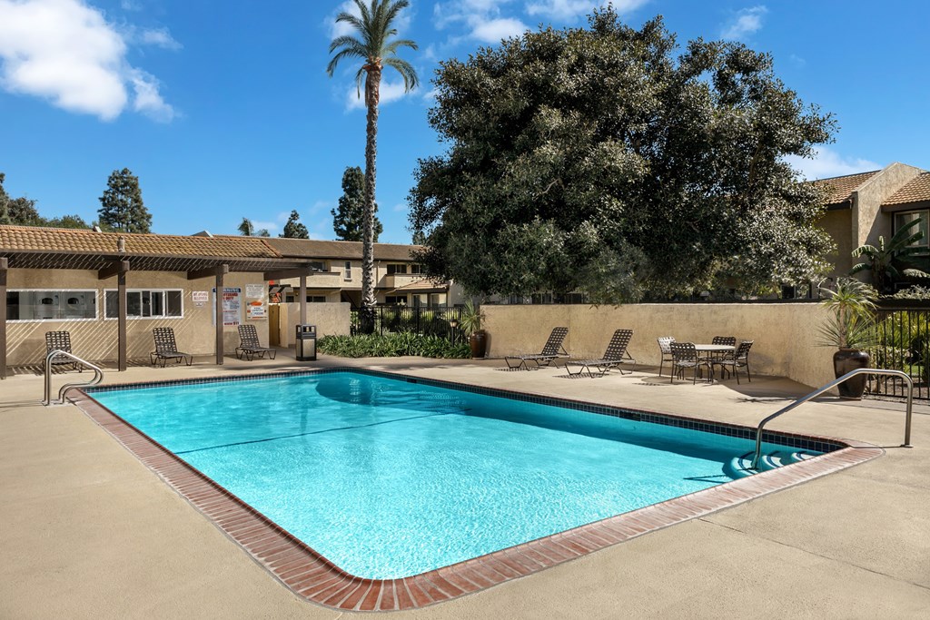 A large swimming pool surrounded by a concrete patio and lounge chairs.