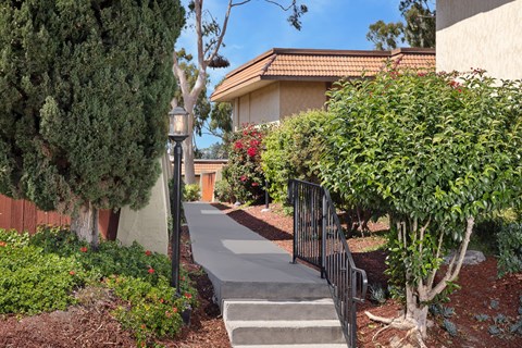 A residential area with a house, trees, and a small garden.