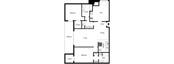 A floor plan of a house with a living room, dining room, kitchen, and two bedrooms.