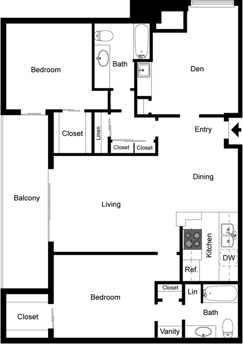 A floor plan of a house with a living room, dining room, kitchen, and two bedrooms.