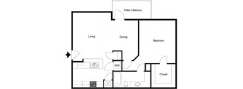 A floor plan of a home with a living room, dining room, bedroom, closet, and a patio/balcony.