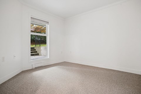 A room with a carpeted floor and a window showing a staircase and trees outside.