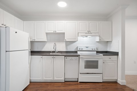 A white kitchen with a refrigerator, oven, and sink.