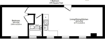 A floor plan of a one bedroom apartment sized at 478 square feet.