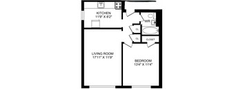 A black and white image of a floor plan for a home with a kitchen, living room, and bedroom.