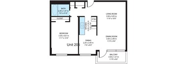 A floor plan of a unit with a bath, closet, kitchen, dining room, bedroom, and balcony.