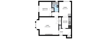 A floor plan of a living space showing a bedroom, dining area, kitchen, and living room.