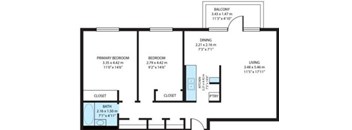A floor plan of a house with a primary bedroom, a bedroom, a dining area, a bathroom, a balcony, a living room, and a pantry.