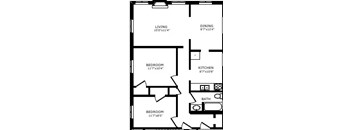 A black and white image of a floor plan for a two bedroom apartment.