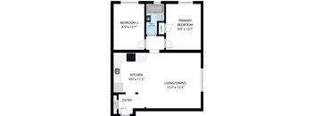 A floor plan of a small apartment with a living area, kitchen, and two bedrooms.