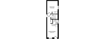 A floor plan of a small apartment with a bedroom, bathroom, kitchen, and living/dining area.