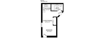 A floor plan of a Bachelor apartment with a kitchen, bathroom, living/dining area and bedroom.