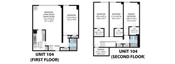 A diagram shows the layout of unit 104, with dimensions for each room.