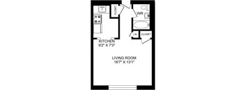 A black and white image of a floor plan for a kitchen and living room.